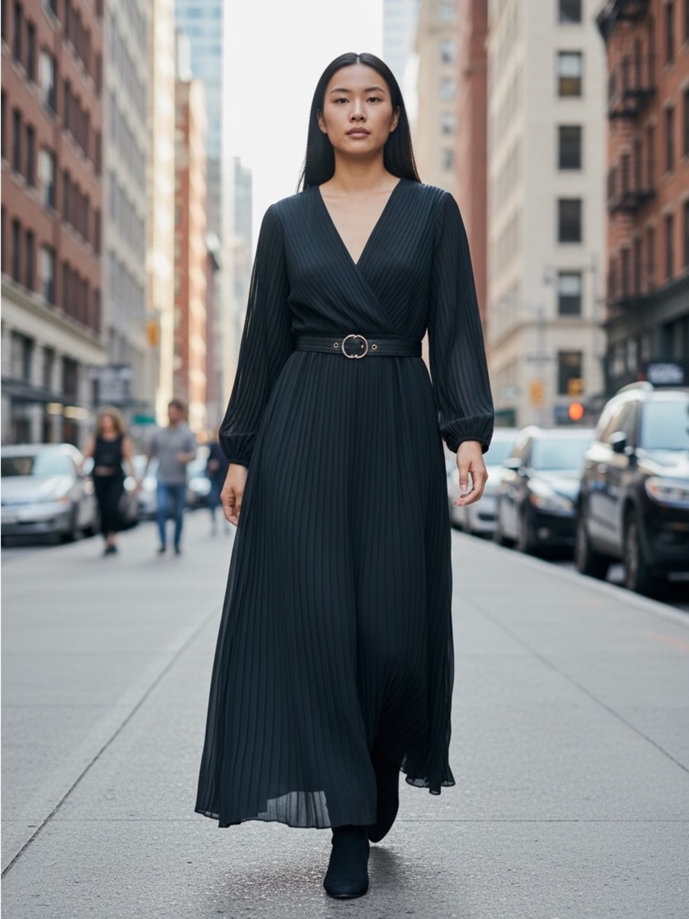 Long Pleated V-Neck Black Dress with Belt